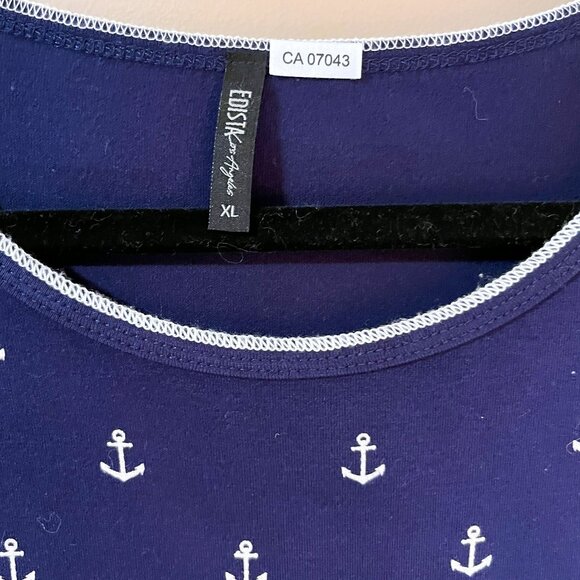 NAUTICAL sleeveless summer soft textured flared navy top MADE IN USA Sz XL - Picture 3 of 6